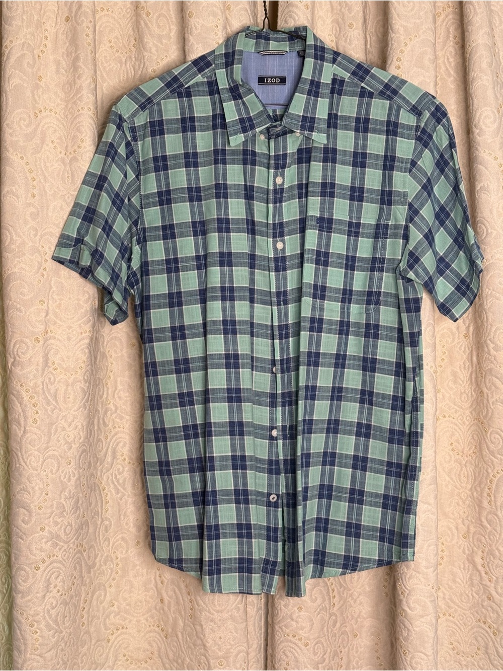 IZOD Men’s Plaid Short Sleeve Button-Down Shirt, Blue/Green